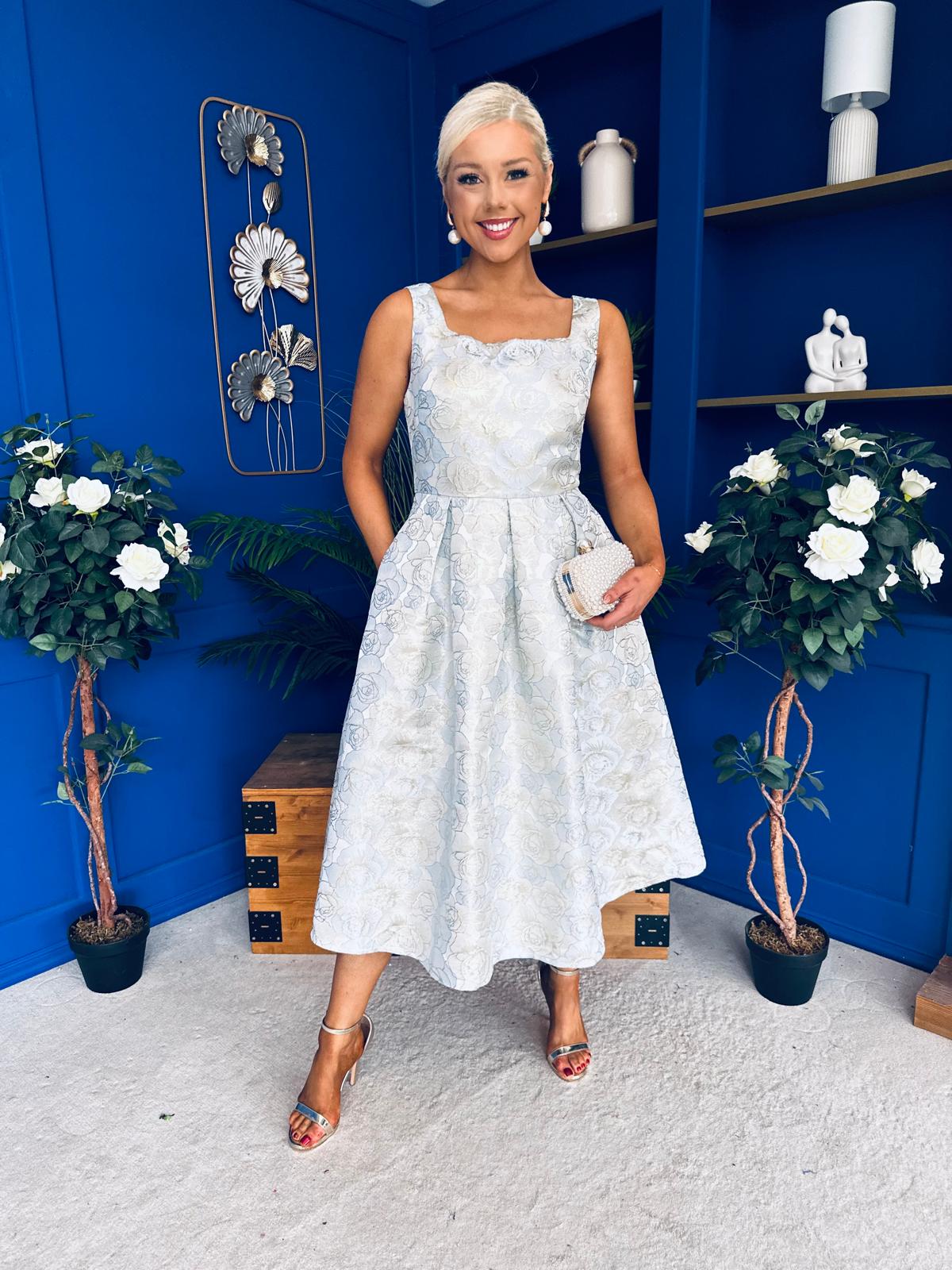 Celia Square Neck Jacquard Occasion Dress Blue