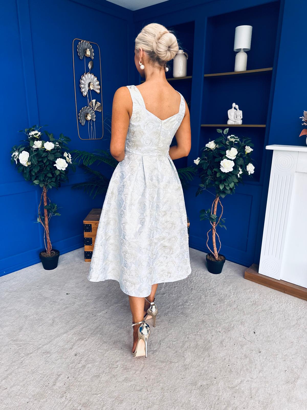 Celia Square Neck Jacquard Occasion Dress Blue