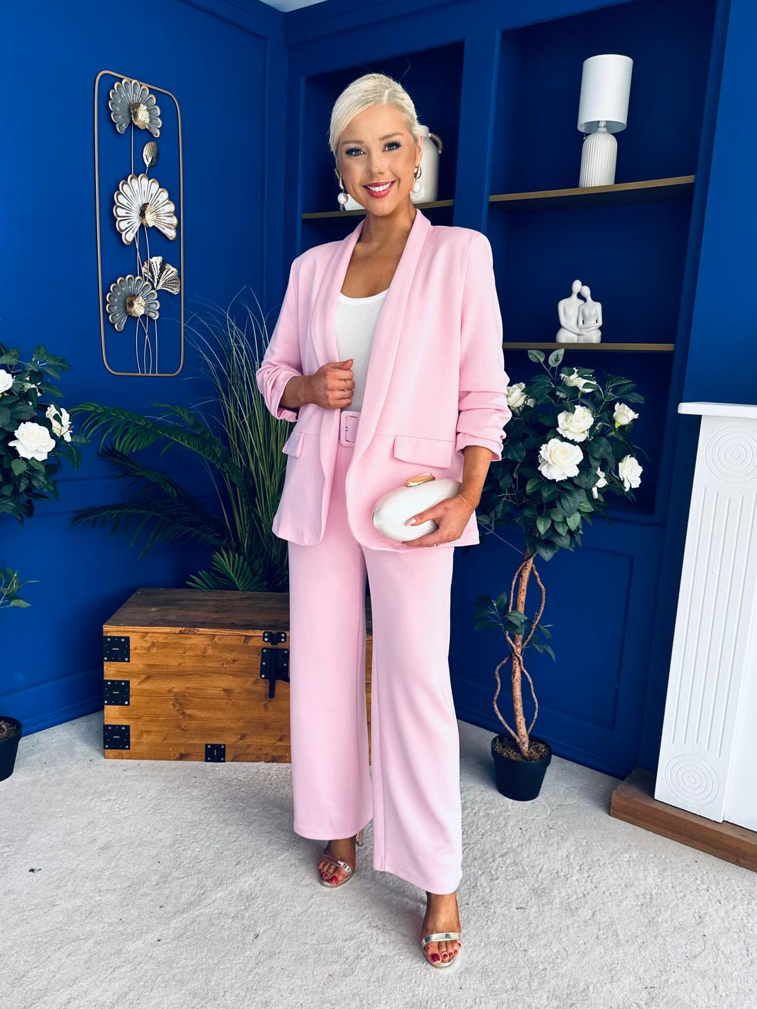 Danika Ruched Blazer & Belted Trouser Set Pwr Pink