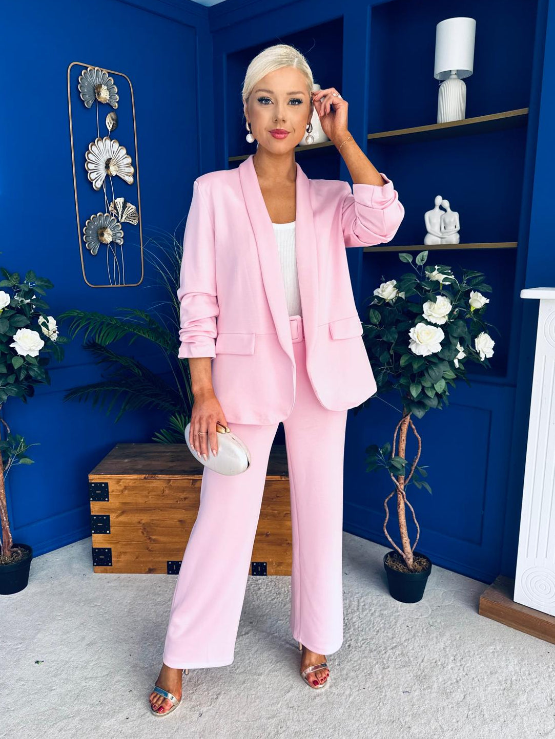 Danika Ruched Blazer & Belted Trouser Set Pwr Pink