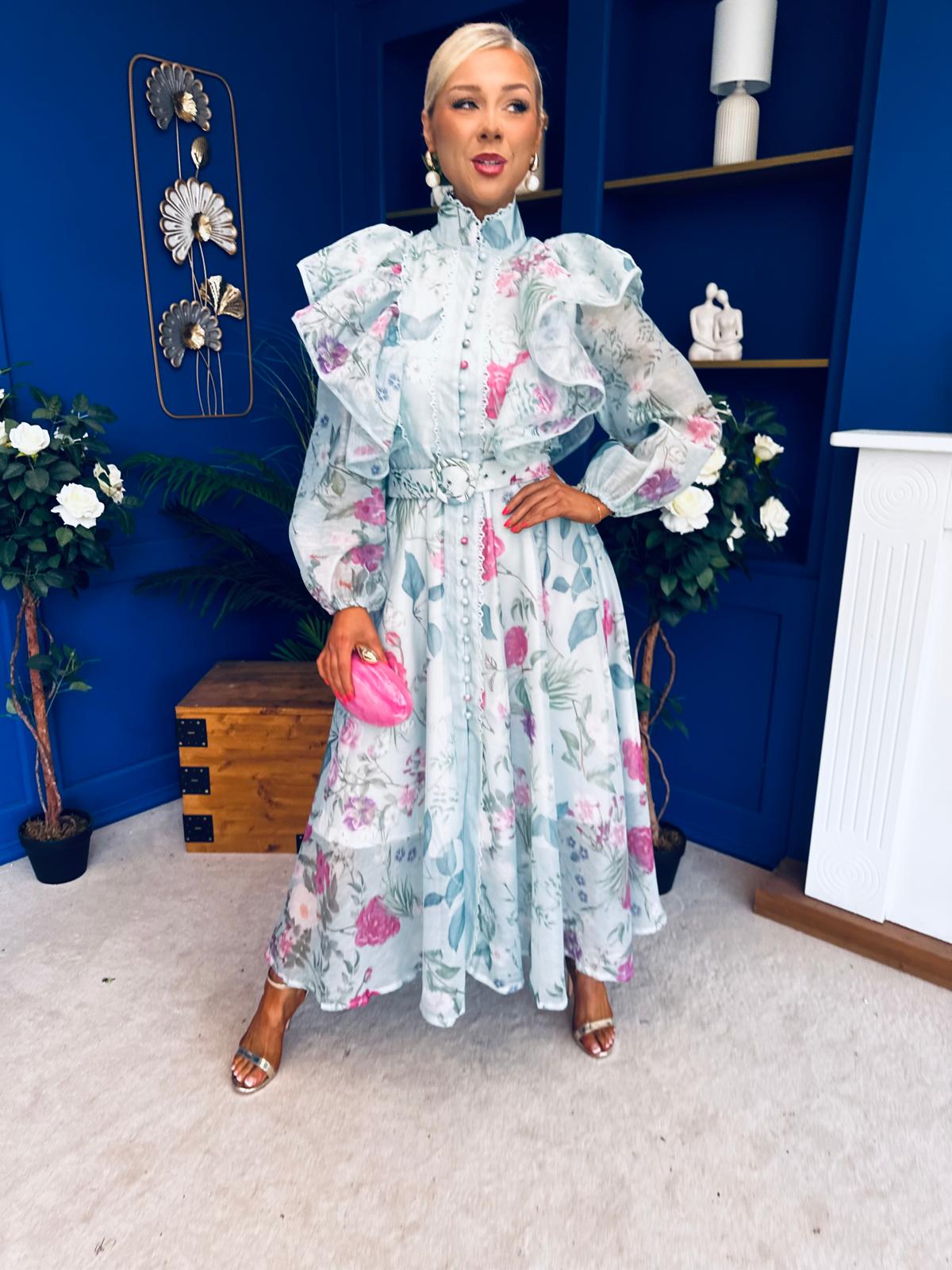 Sophie Frill Detail Midi Shirt Dress Floral Green