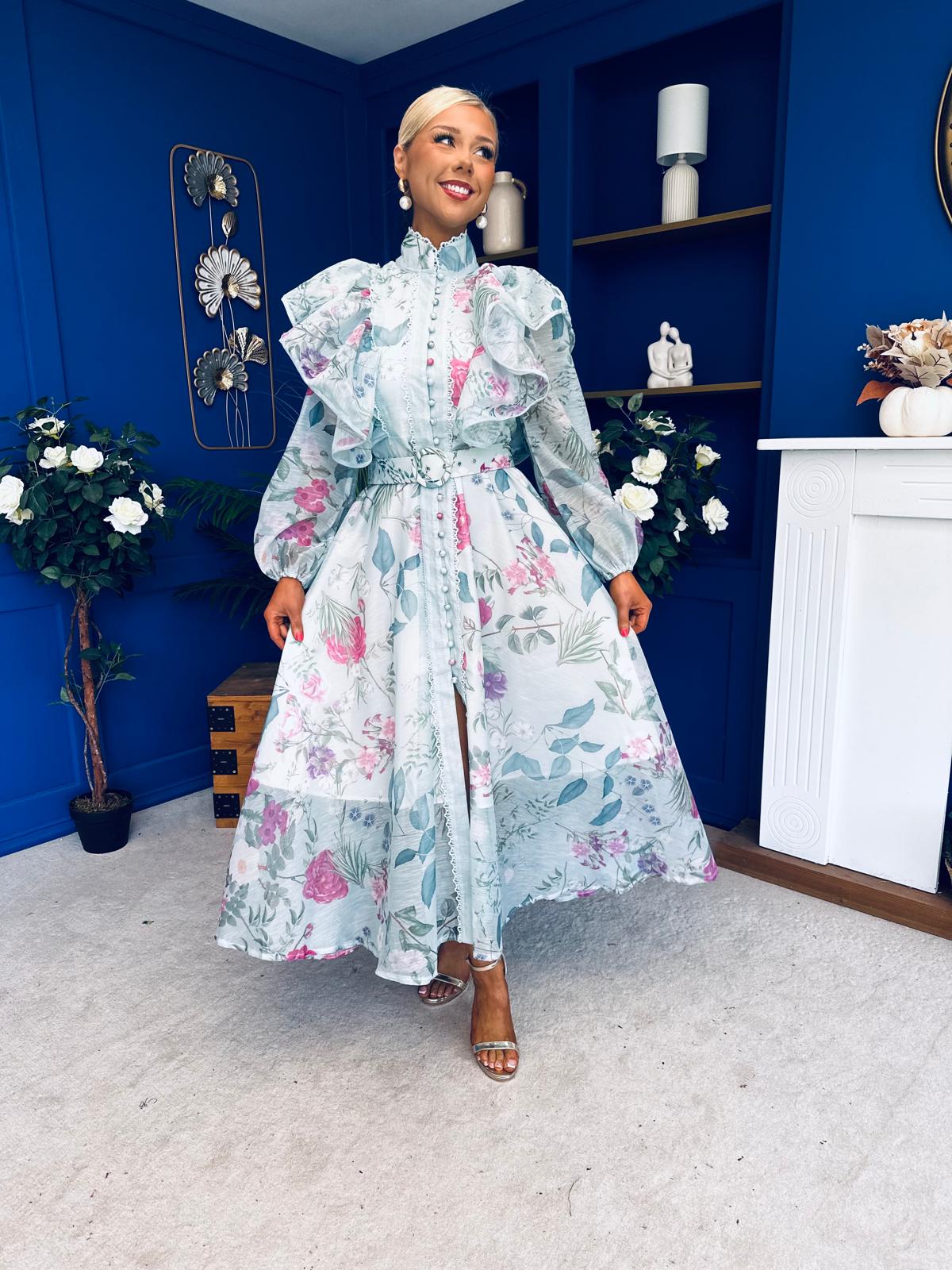 Sophie Frill Detail Midi Shirt Dress Floral Green