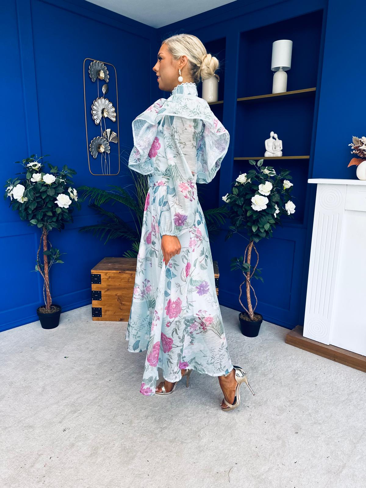 Sophie Frill Detail Midi Shirt Dress Floral Green