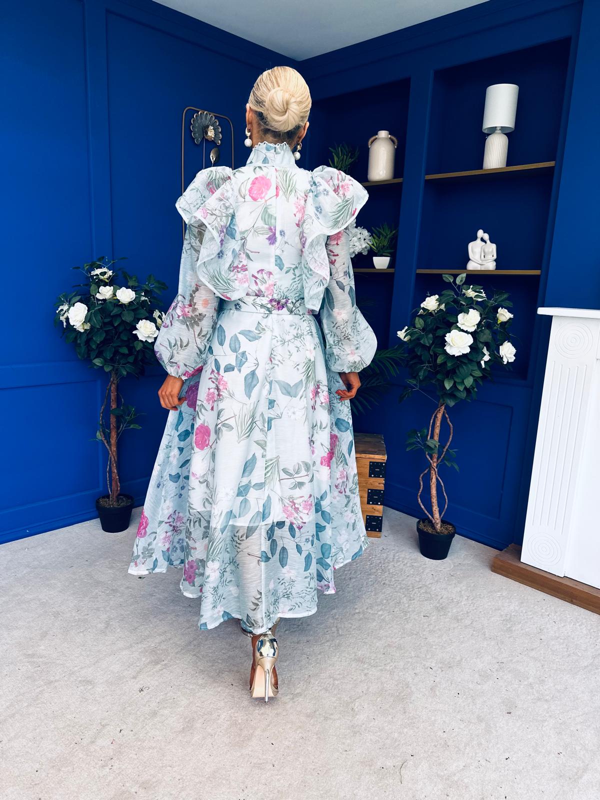 Sophie Frill Detail Midi Shirt Dress Floral Green