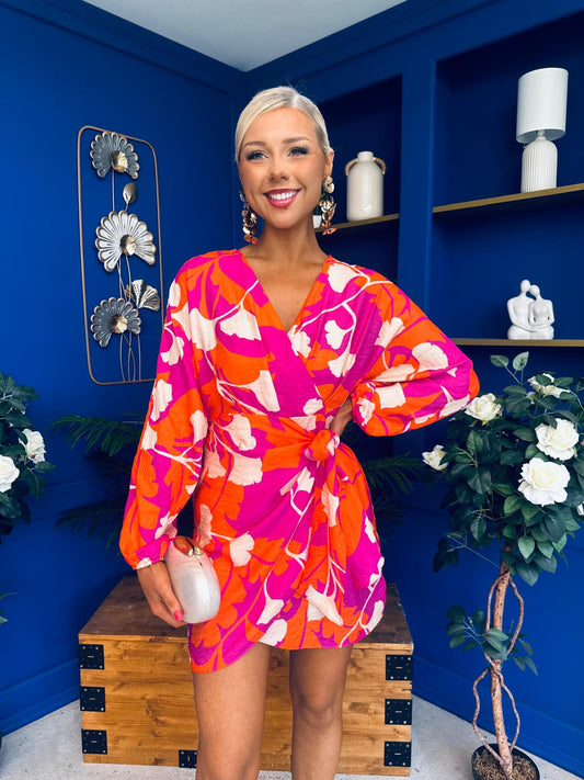 Avery Tie Detail Mini Dress Floral Cerise