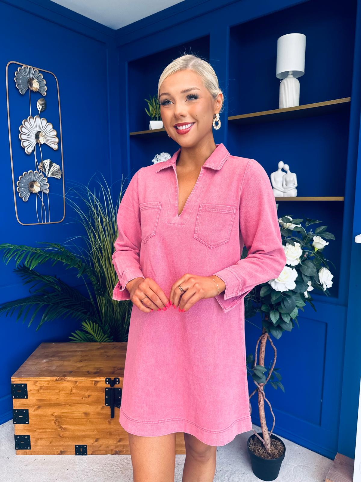 Alice Denim Mini Shift Dress Coral