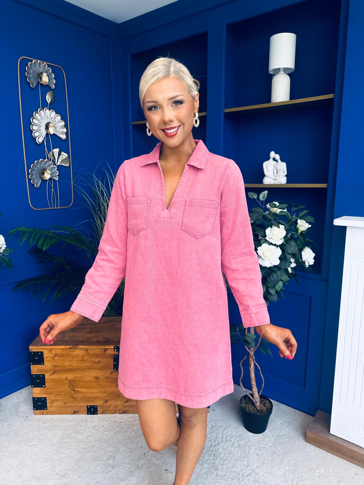 Alice Denim Mini Shift Dress Coral