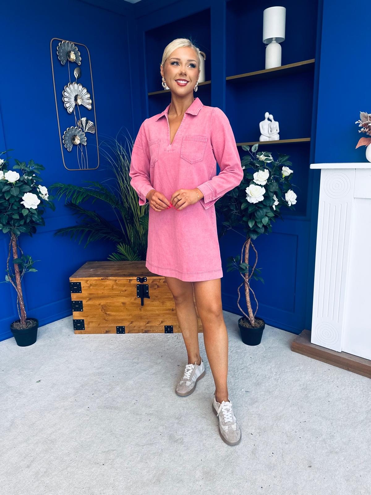 Alice Denim Mini Shift Dress Coral