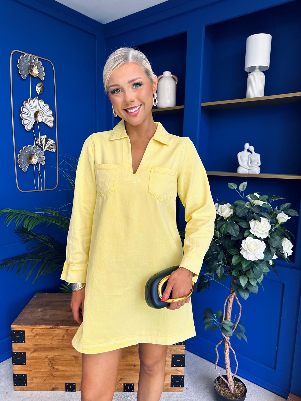 Alice Denim Mini Shift Dress Yellow