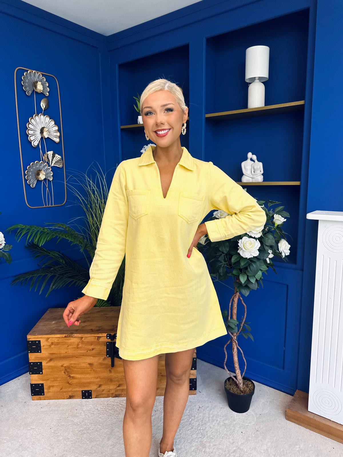 Alice Denim Mini Shift Dress Yellow