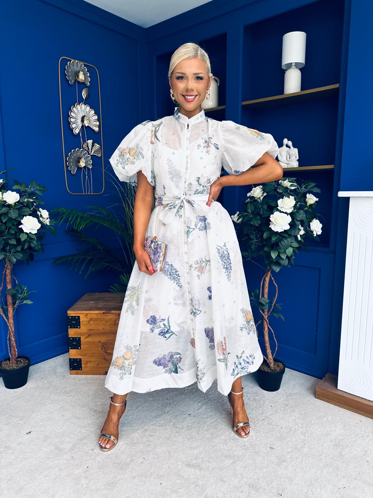 Dorothy Embellished Midi Shirt Dress Floral White