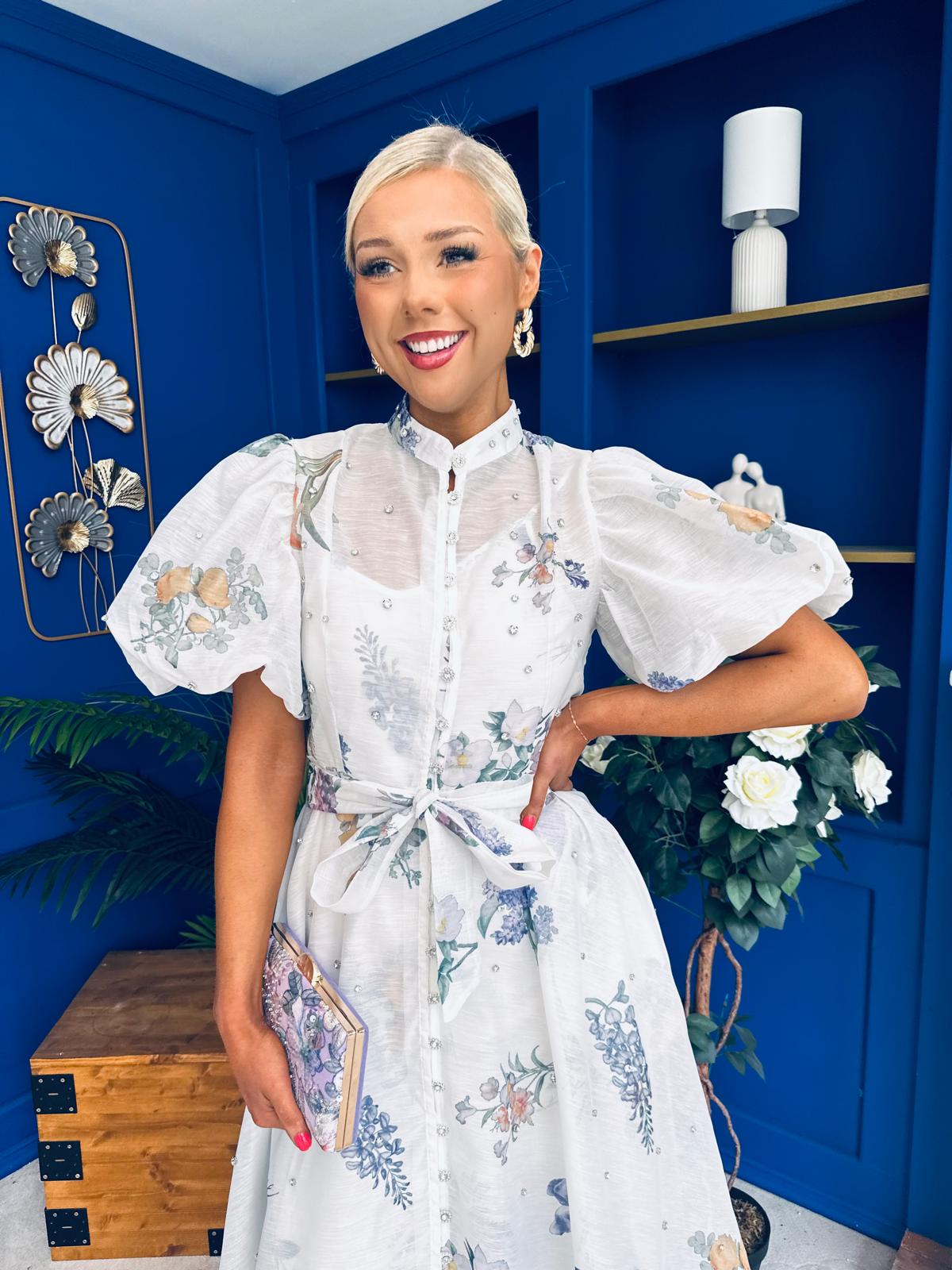 Dorothy Embellished Midi Shirt Dress Floral White