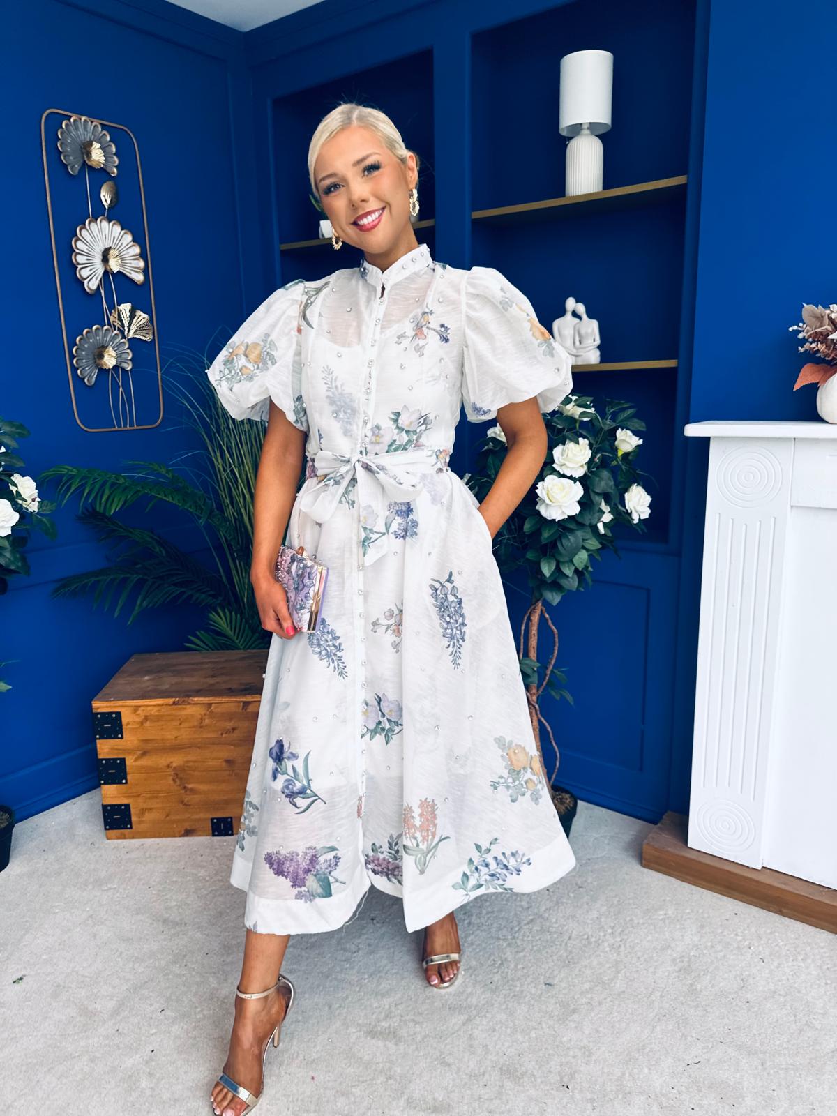 Dorothy Embellished Midi Shirt Dress Floral White
