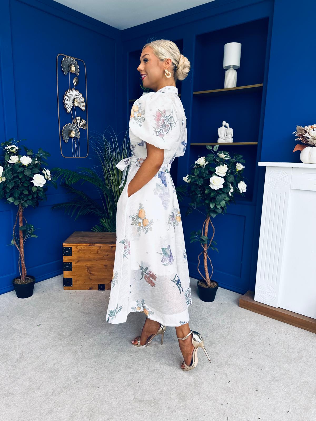 Dorothy Embellished Midi Shirt Dress Floral White