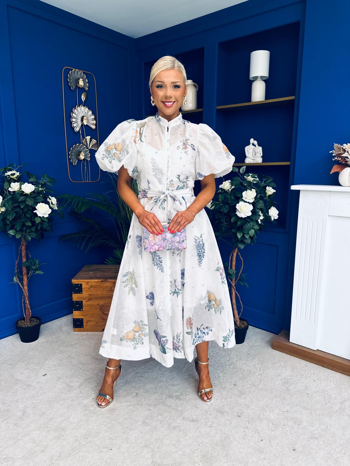 Dorothy Embellished Midi Shirt Dress Floral White