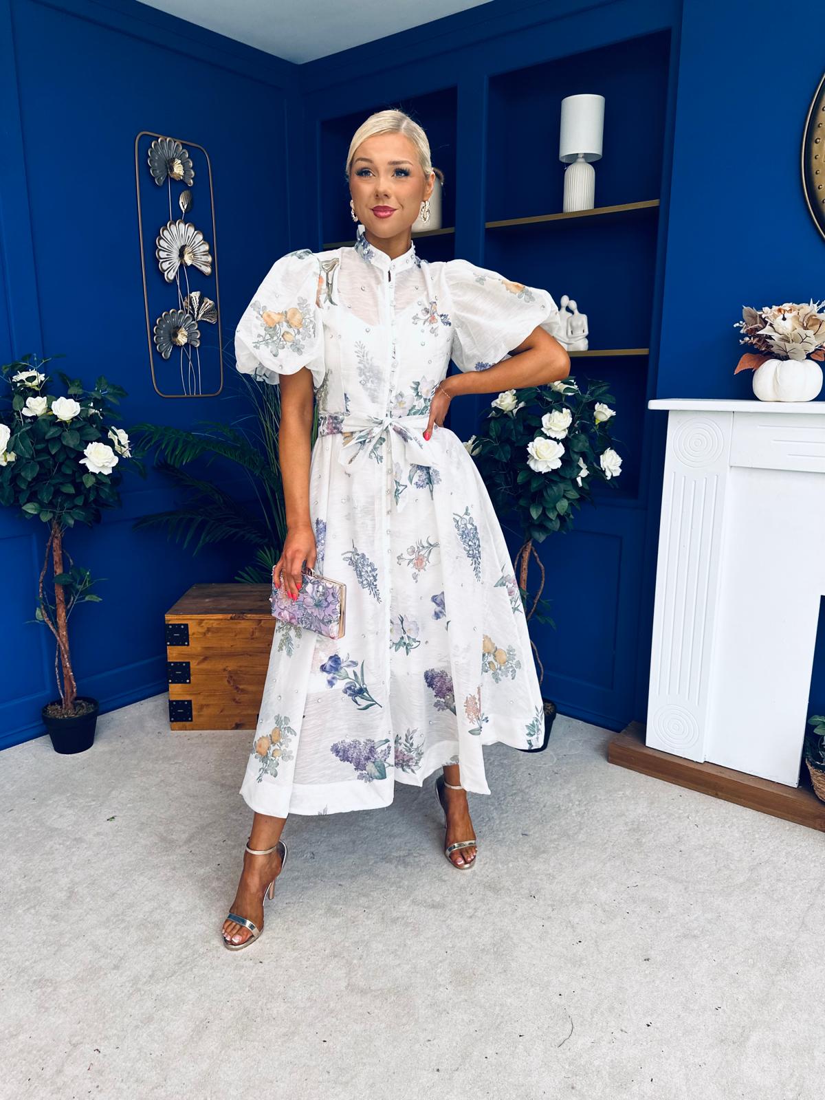 Dorothy Embellished Midi Shirt Dress Floral White