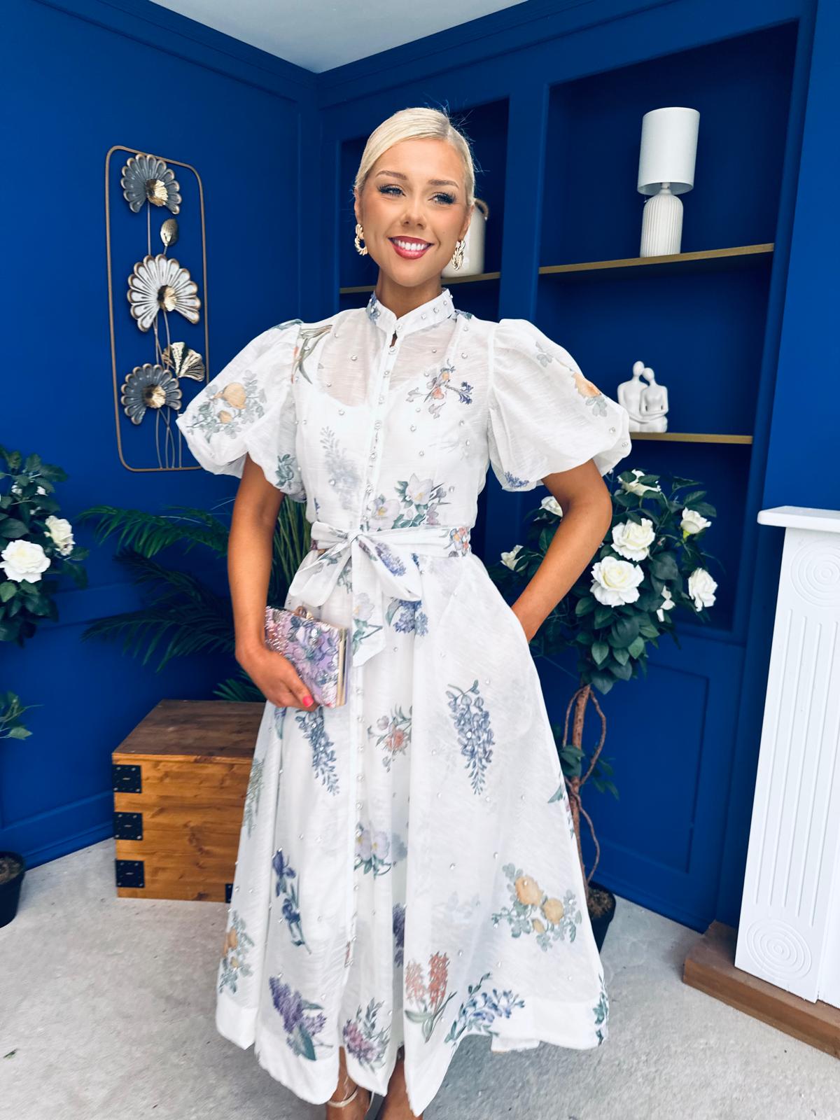Dorothy Embellished Midi Shirt Dress Floral White