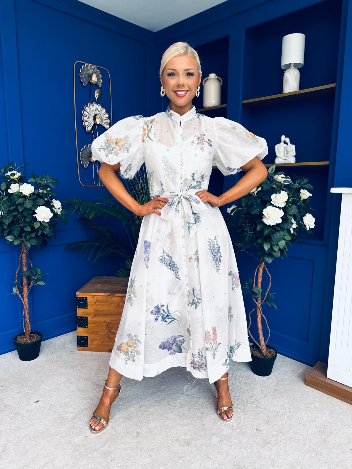 Dorothy Embellished Midi Shirt Dress Floral White