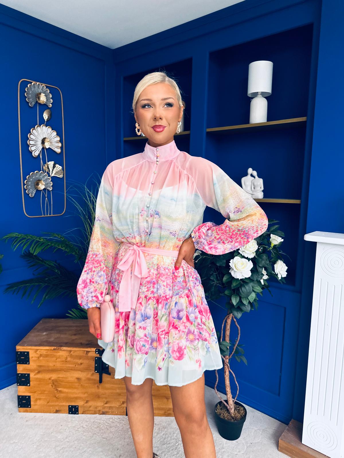Fern Detailed Mini Shirt Dress Floral Pastel