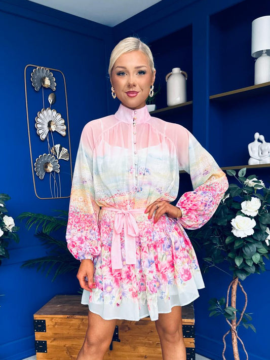 Fern Detailed Mini Shirt Dress Floral Pastel