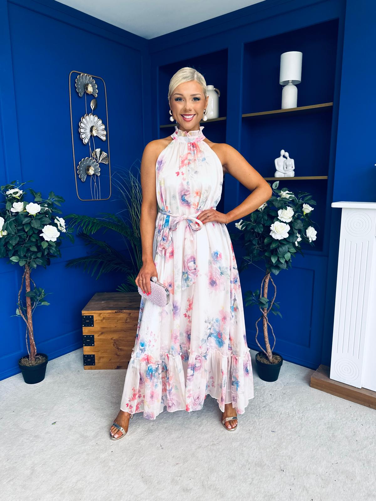 Gayle High Neck Occasion Dress Floral Cream