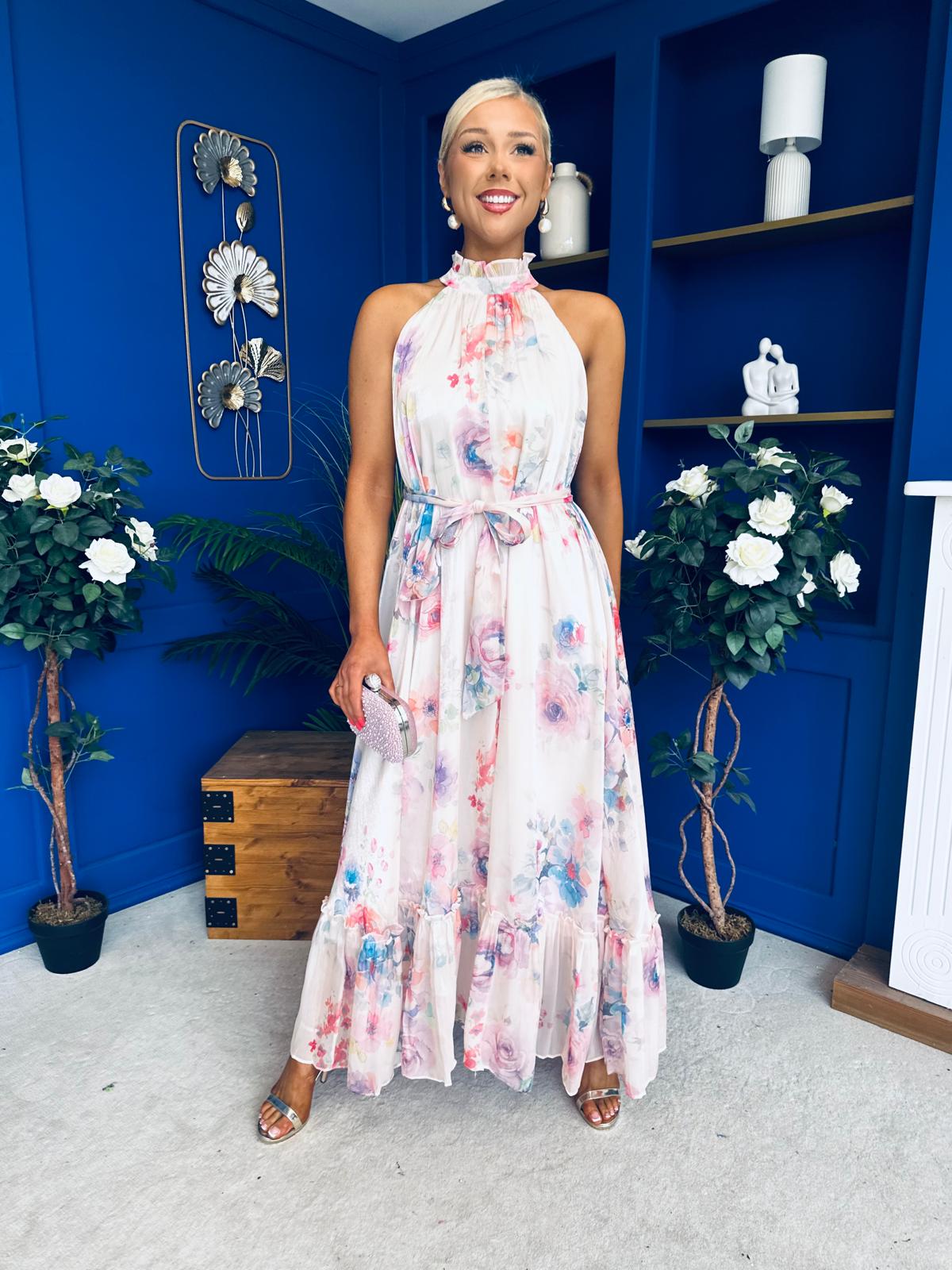 Gayle High Neck Occasion Dress Floral Cream