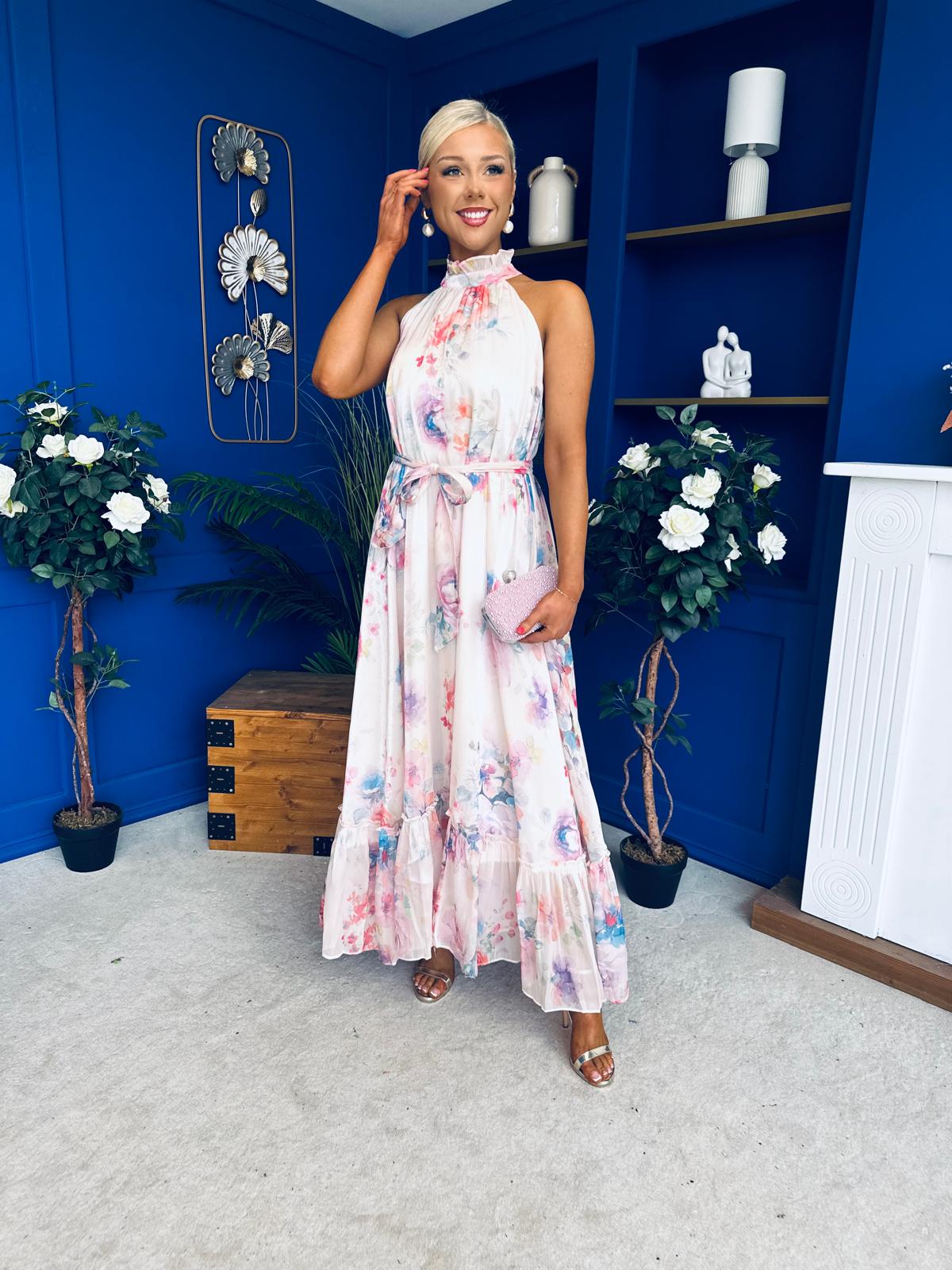 Gayle High Neck Occasion Dress Floral Cream