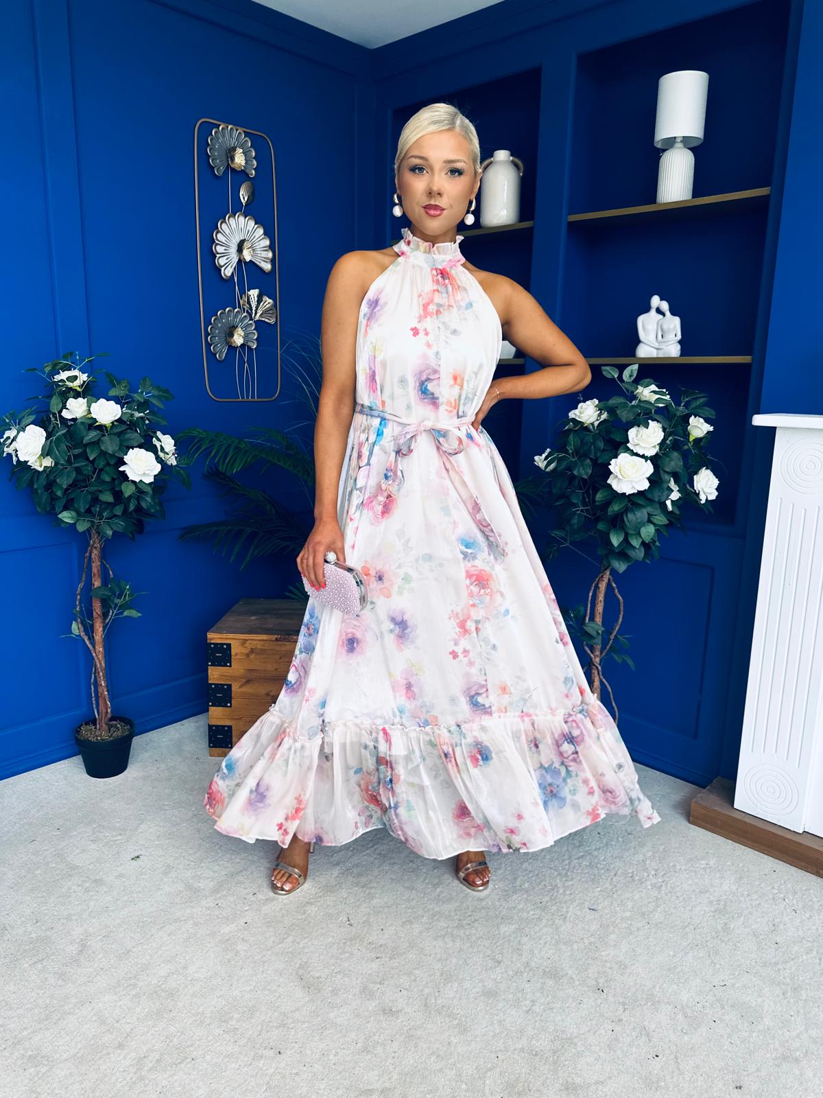 Gayle High Neck Occasion Dress Floral Cream