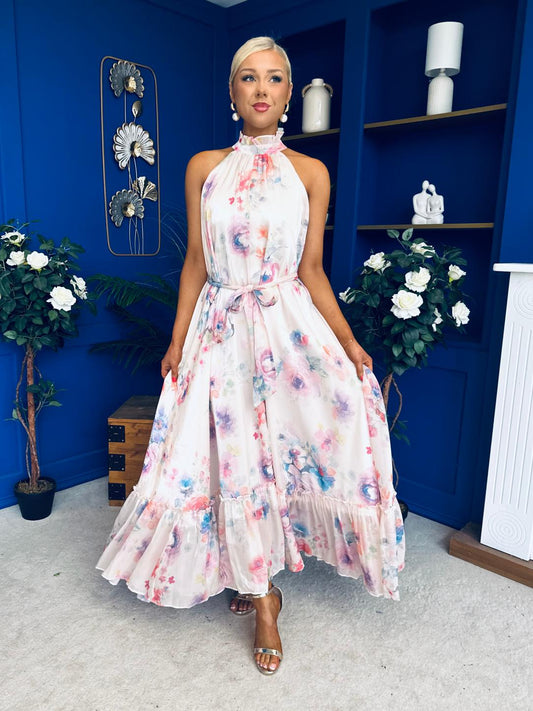 Gayle High Neck Occasion Dress Floral Cream