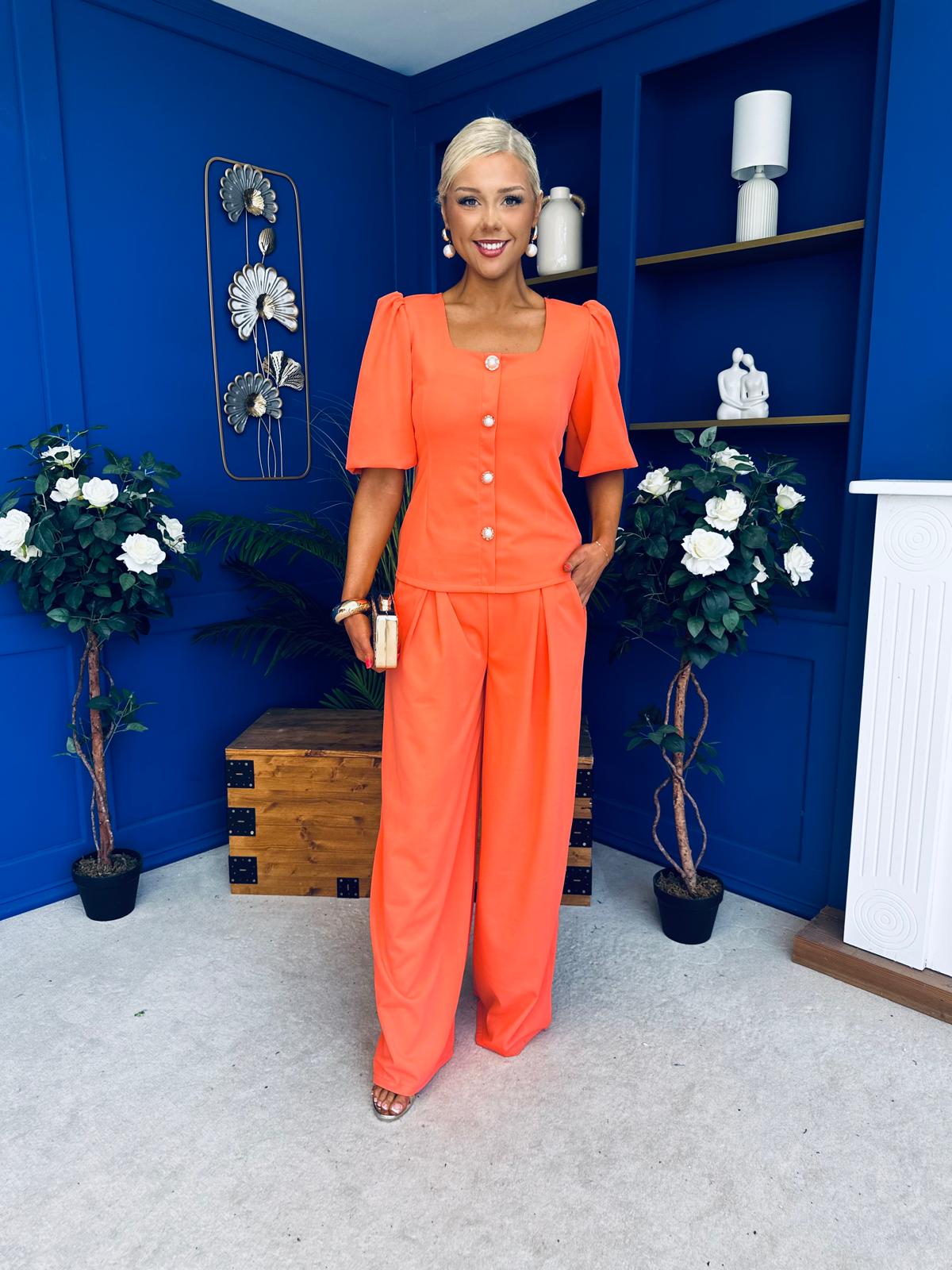 Daniella Detailed Top And Trouser Set Coral