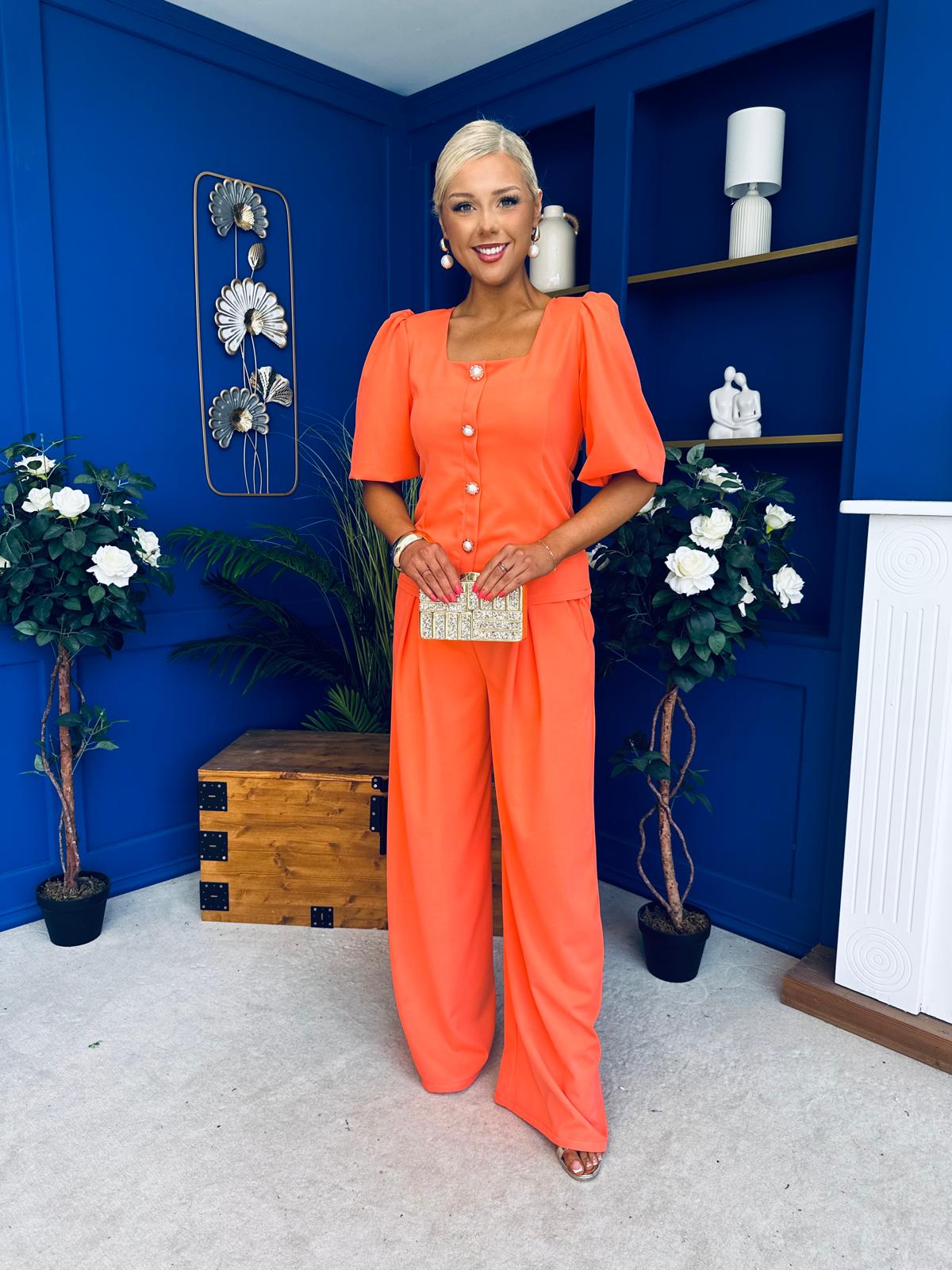 Daniella Detailed Top And Trouser Set Coral