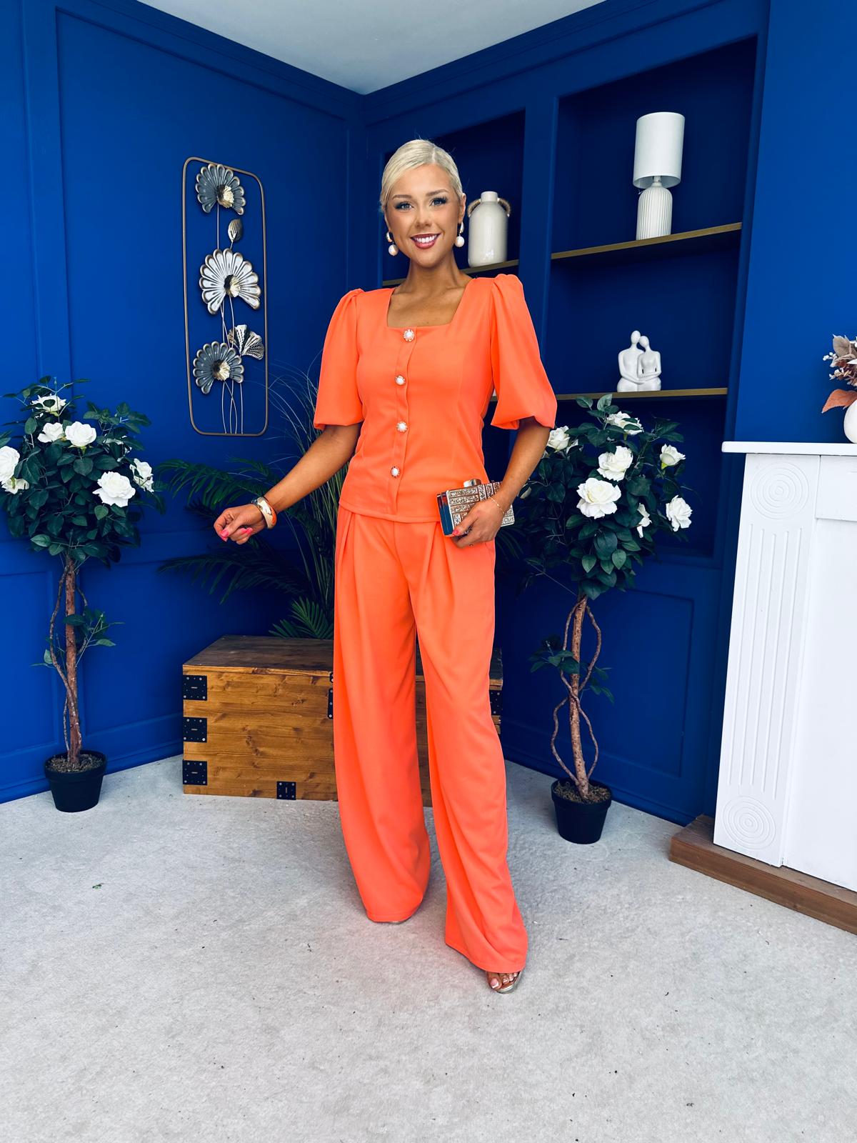 Daniella Detailed Top And Trouser Set Coral
