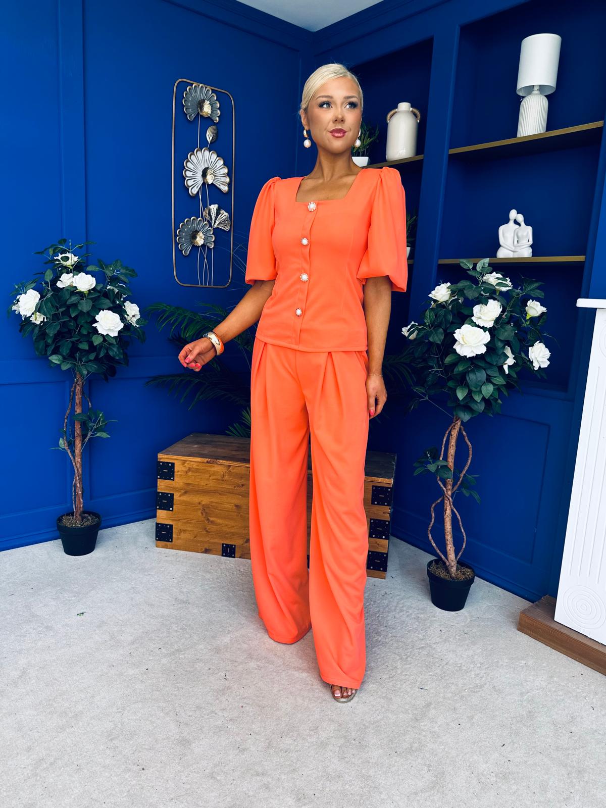 Daniella Detailed Top And Trouser Set Coral
