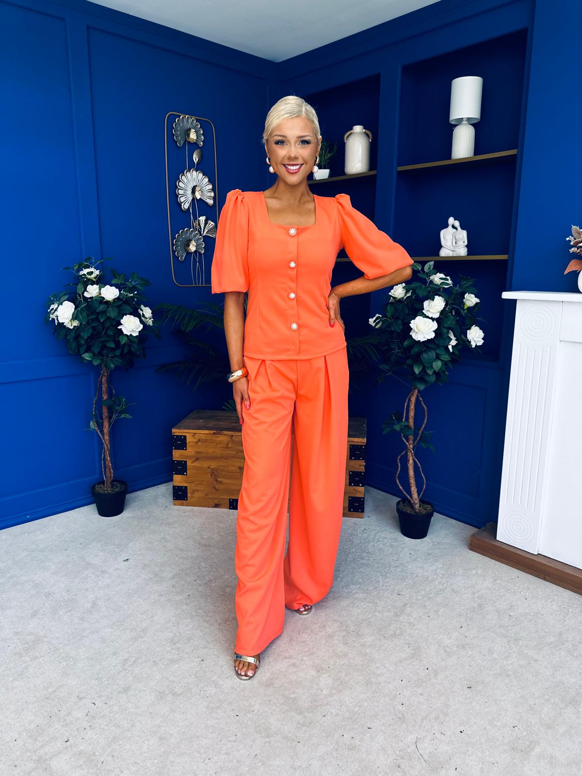 Daniella Detailed Top And Trouser Set Coral