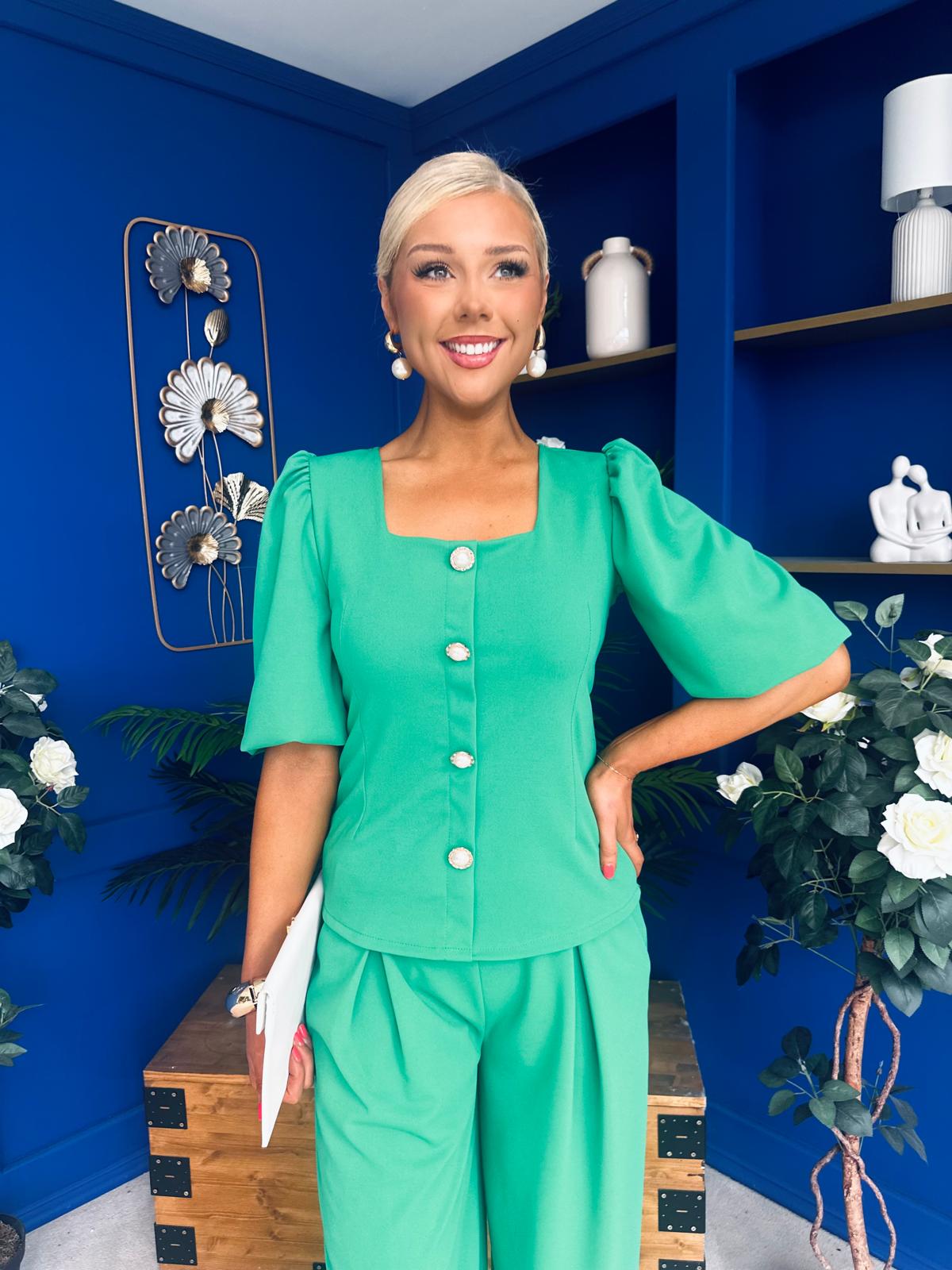 Daniella Detailed Top And Trouser Set Emerald