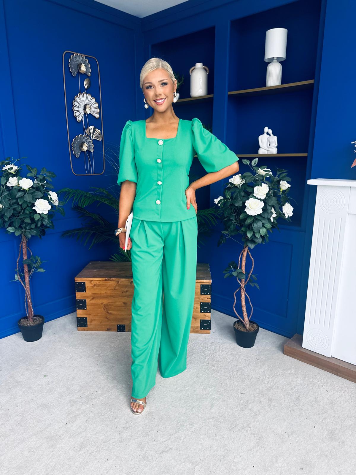 Daniella Detailed Top And Trouser Set Emerald