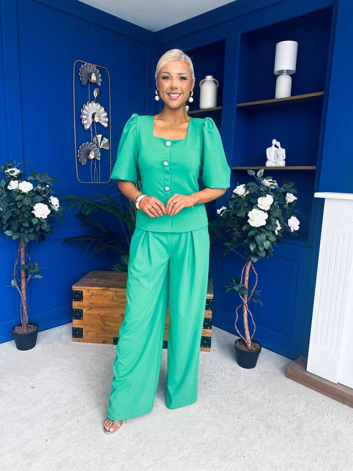 Daniella Detailed Top And Trouser Set Emerald