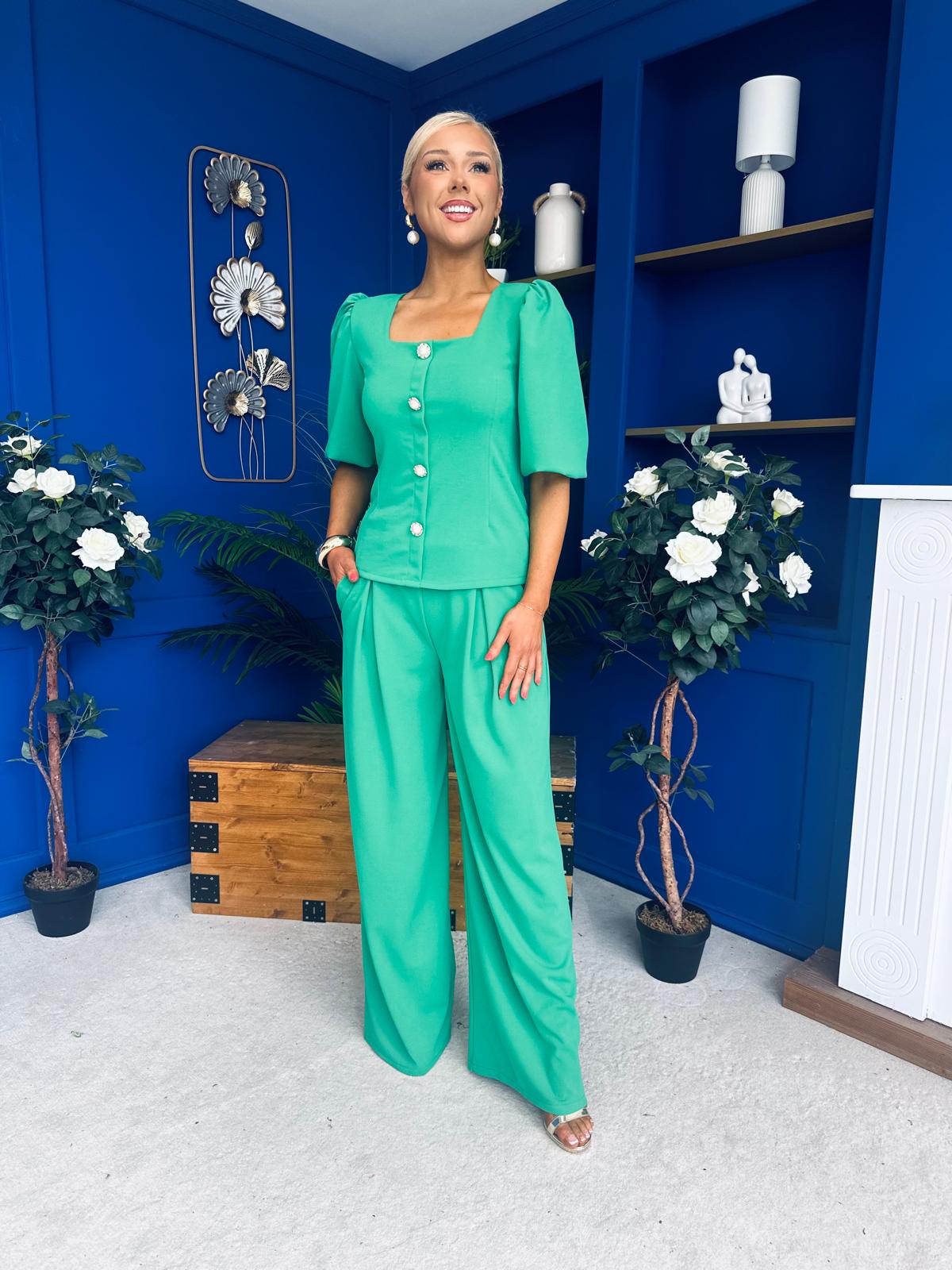 Daniella Detailed Top And Trouser Set Emerald