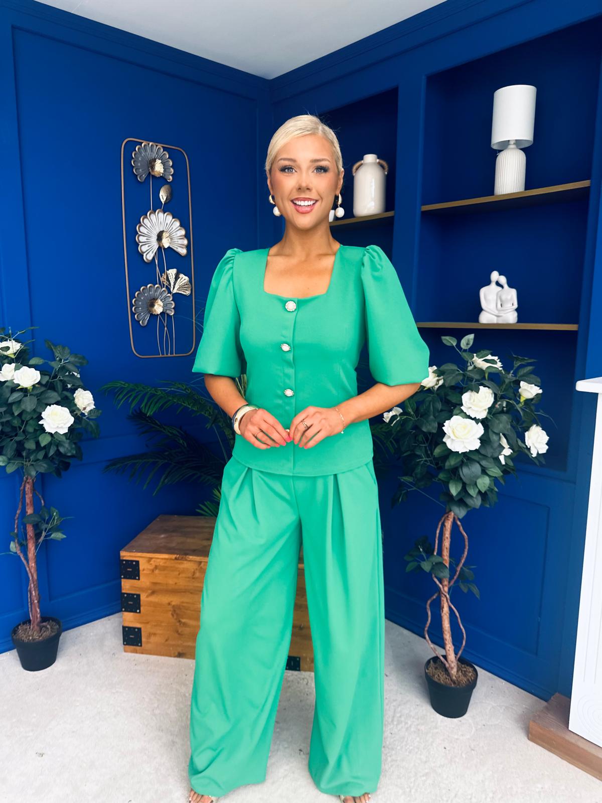 Daniella Detailed Top And Trouser Set Emerald