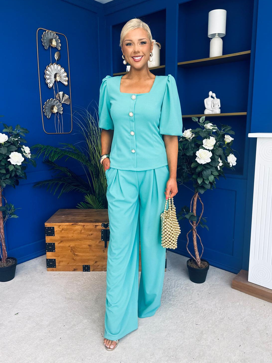 Daniella Detailed Top And Trouser Set Pastel