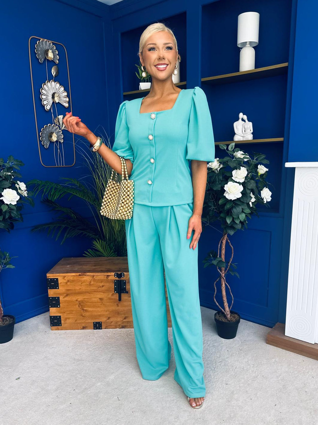 Daniella Detailed Top And Trouser Set Pastel