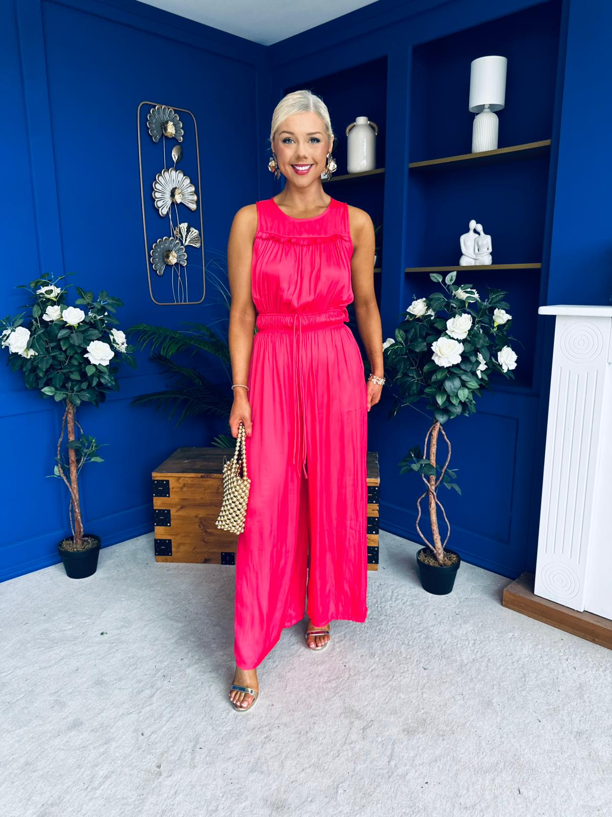 Bella High Neck Satin Jumpsuit Coral