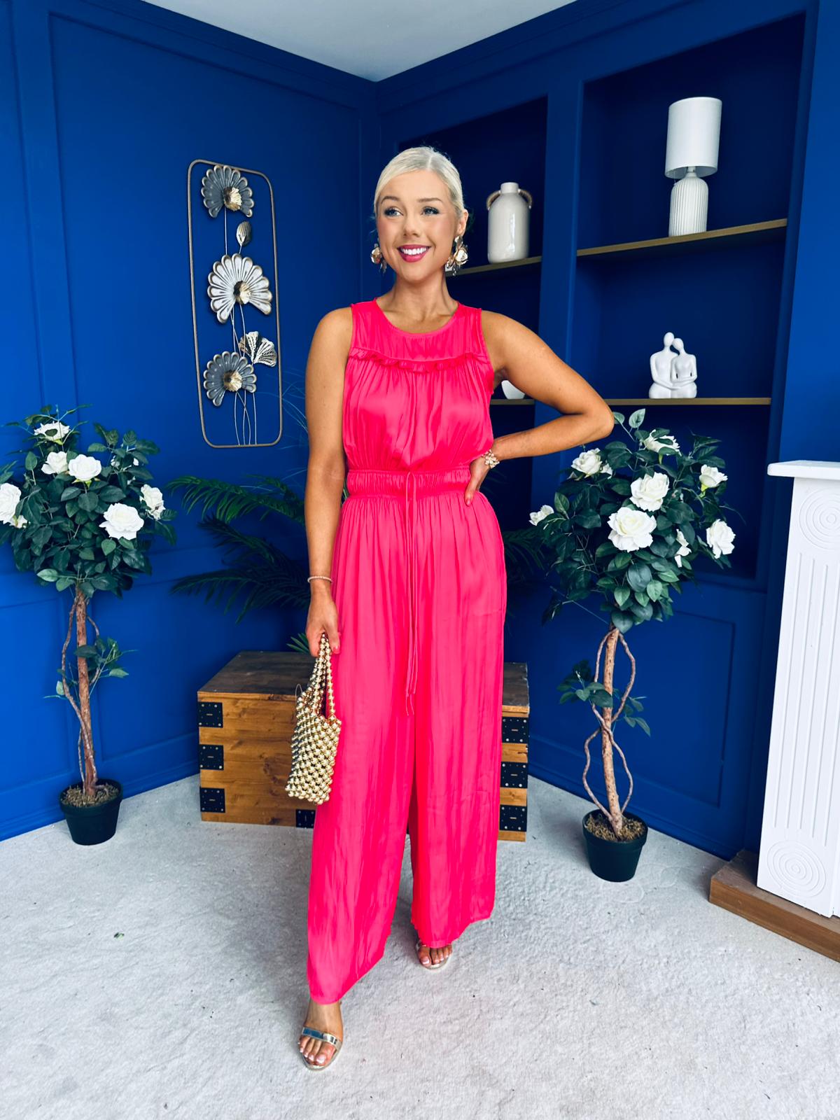 Bella High Neck Satin Jumpsuit Coral