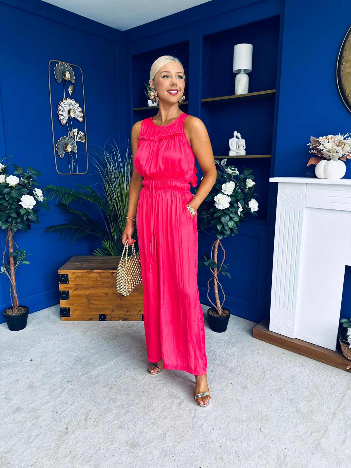 Bella High Neck Satin Jumpsuit Coral