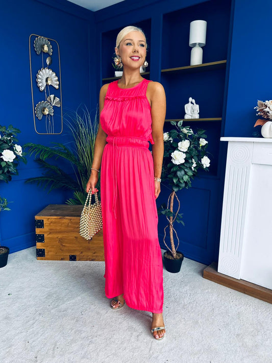 Bella High Neck Satin Jumpsuit Coral