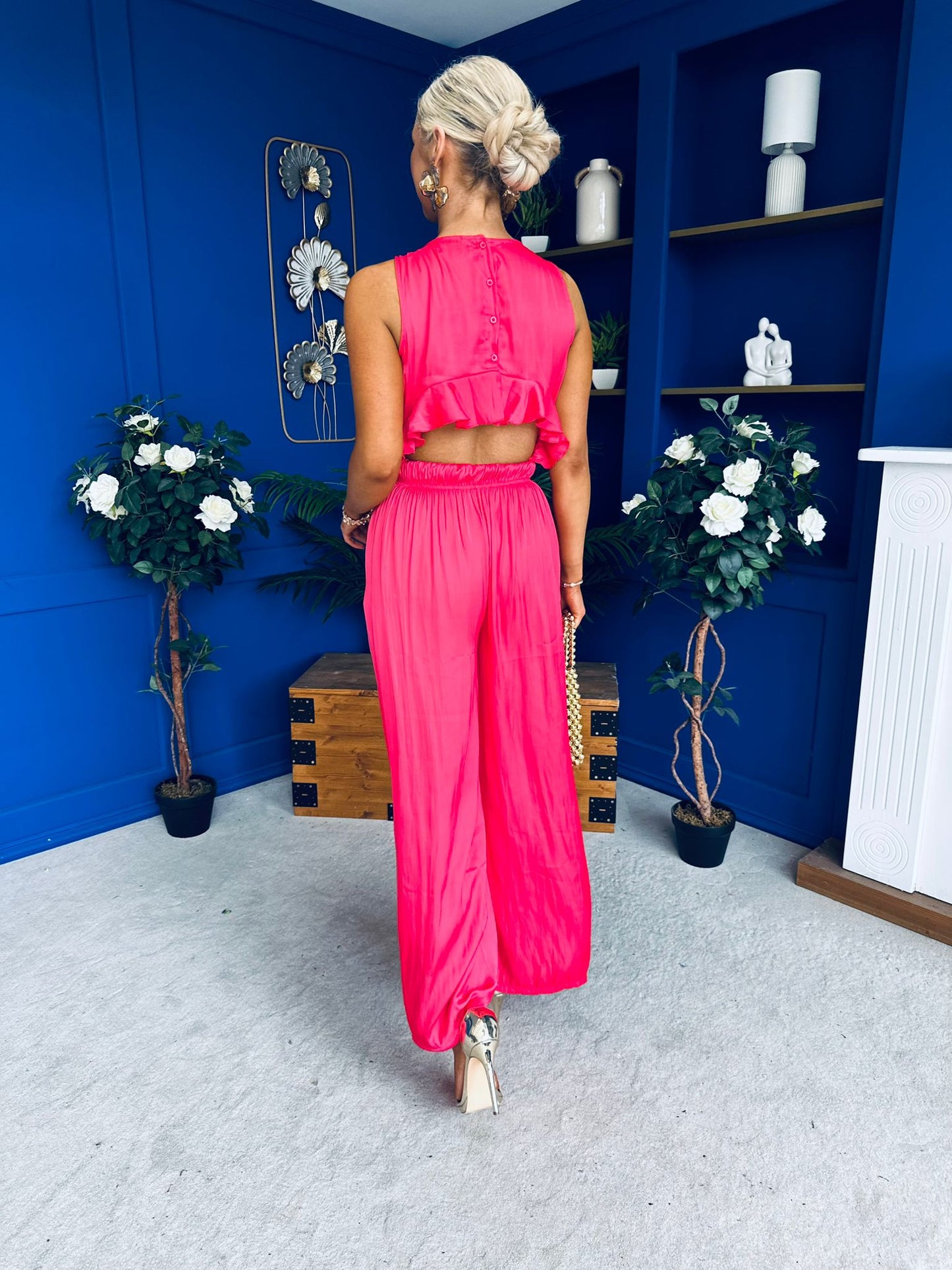 Bella High Neck Satin Jumpsuit Coral