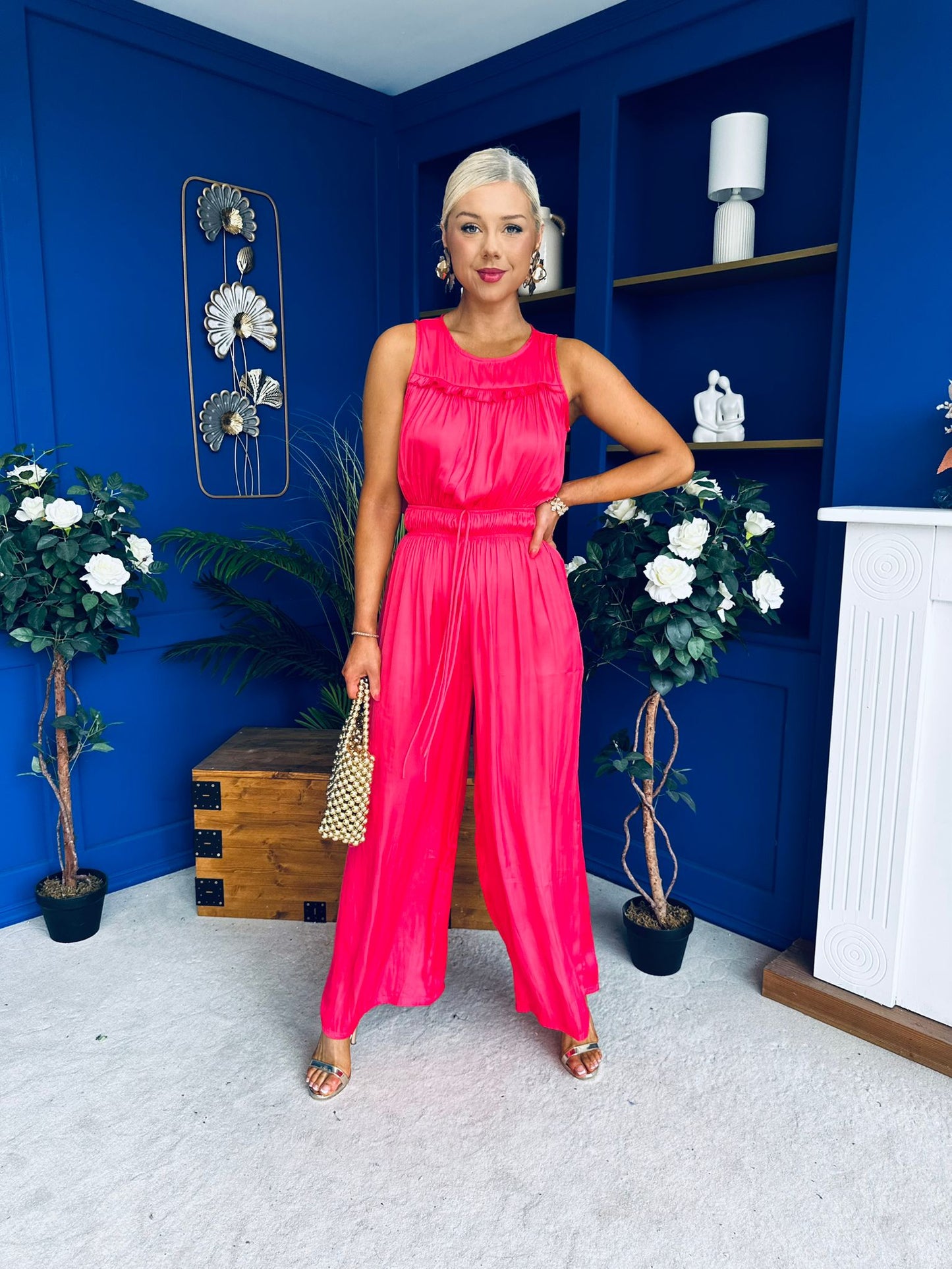 Bella High Neck Satin Jumpsuit Coral