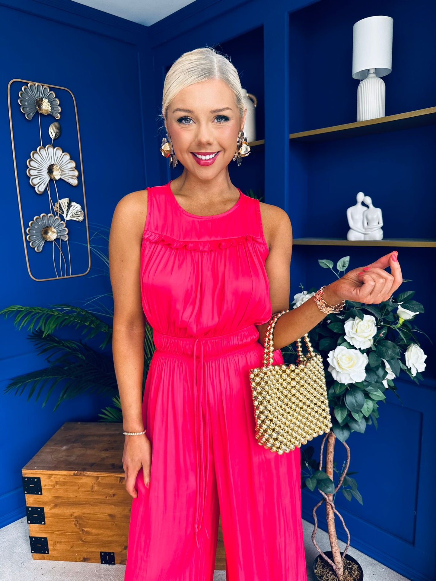 Bella High Neck Satin Jumpsuit Coral