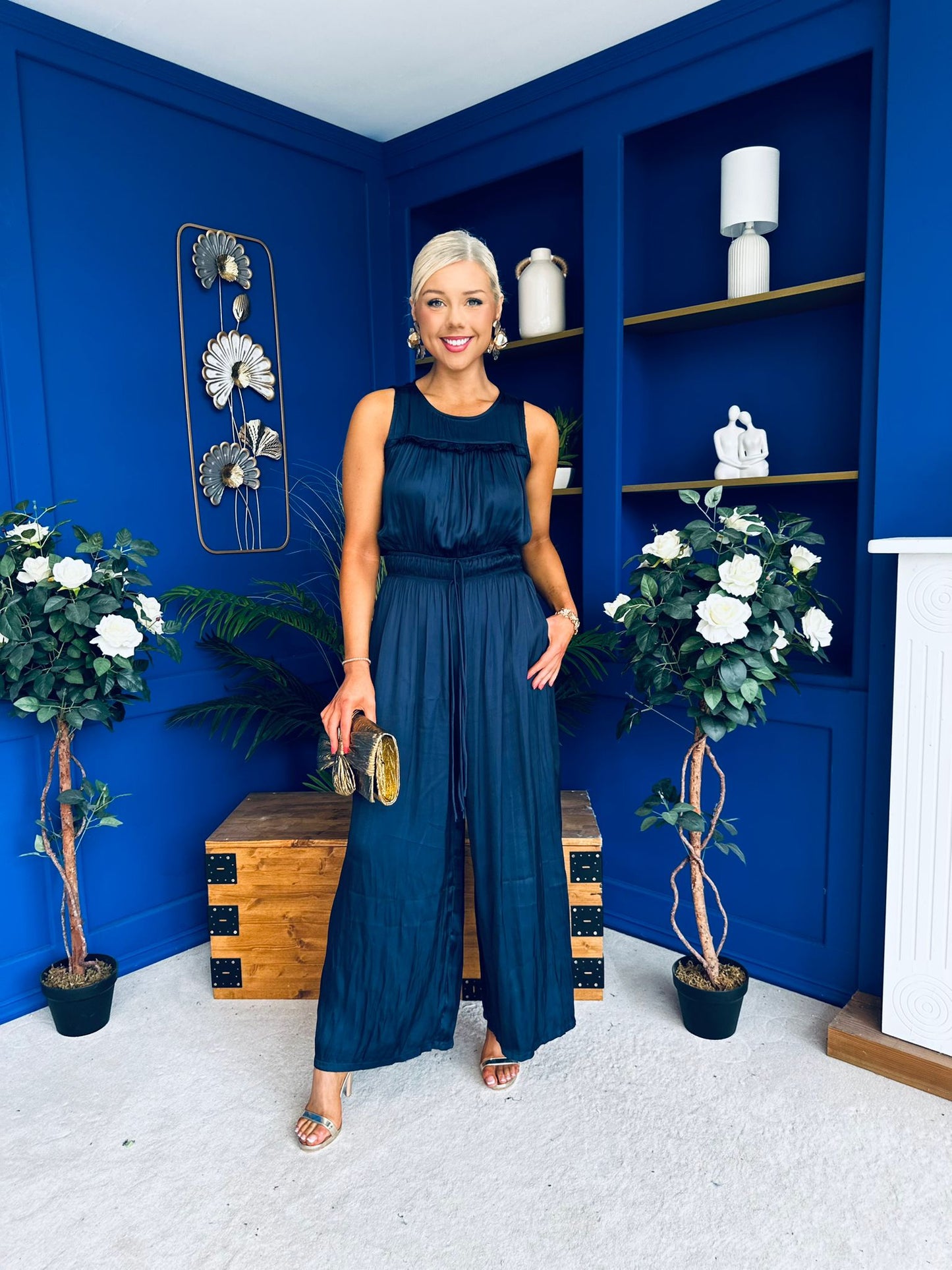 Bella High Neck Satin Jumpsuit Coral Navy