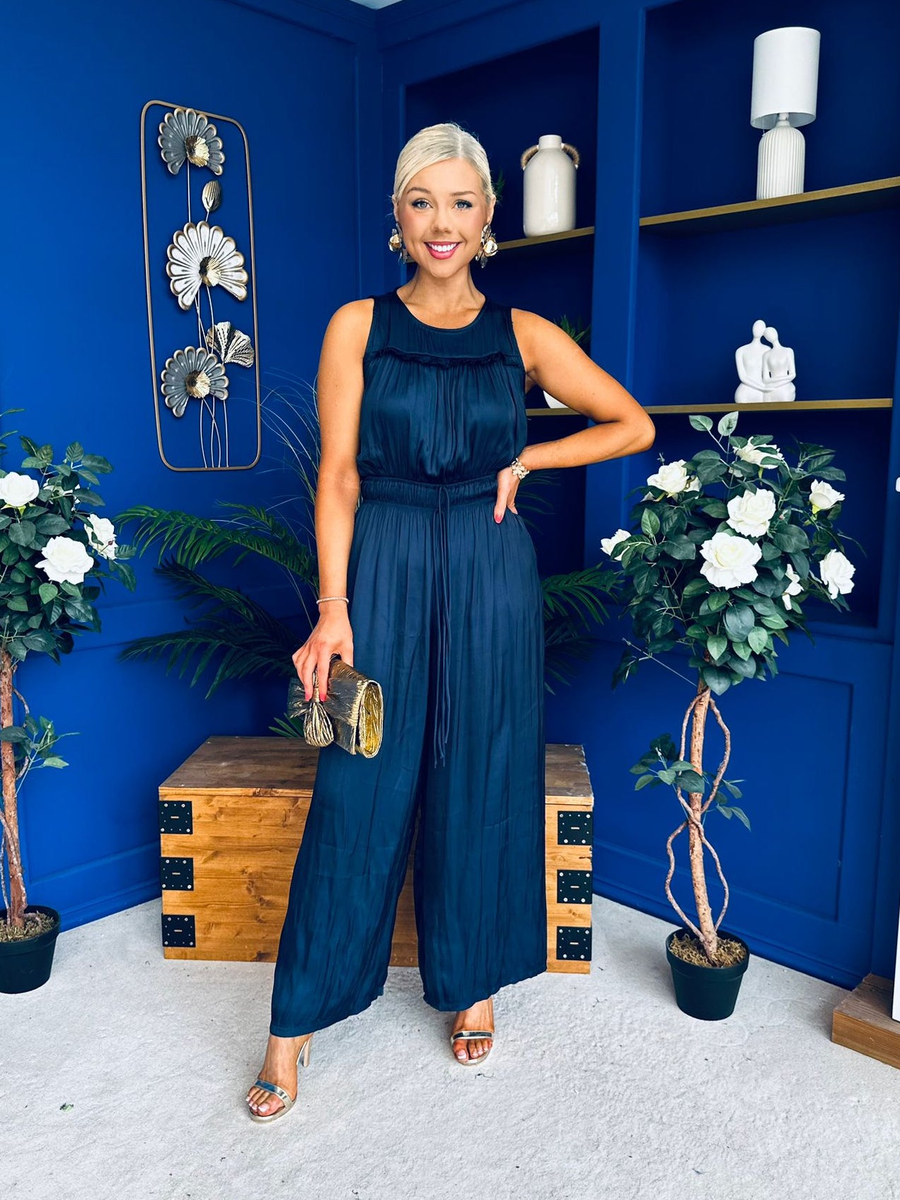 Bella High Neck Satin Jumpsuit Coral Navy